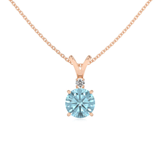 lab grown aquamarine round solitaire v-bale necklaces in rose gold