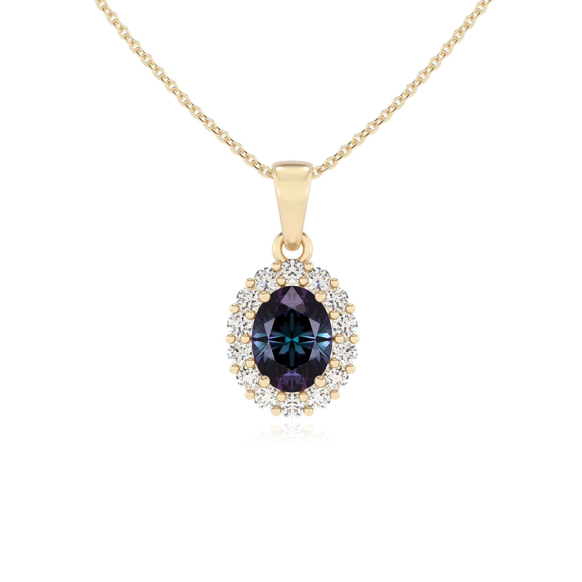 lab grown alexandrite oval solitaire necklaces in yellow gold