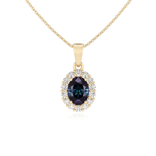 lab grown alexandrite oval solitaire necklaces in yellow gold