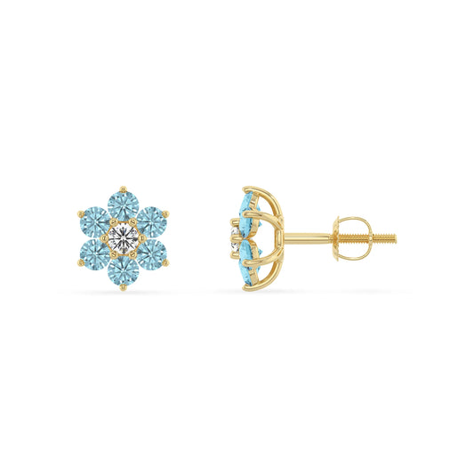 Lab Grown Aquamarine Round Stud Earrings with Diamond