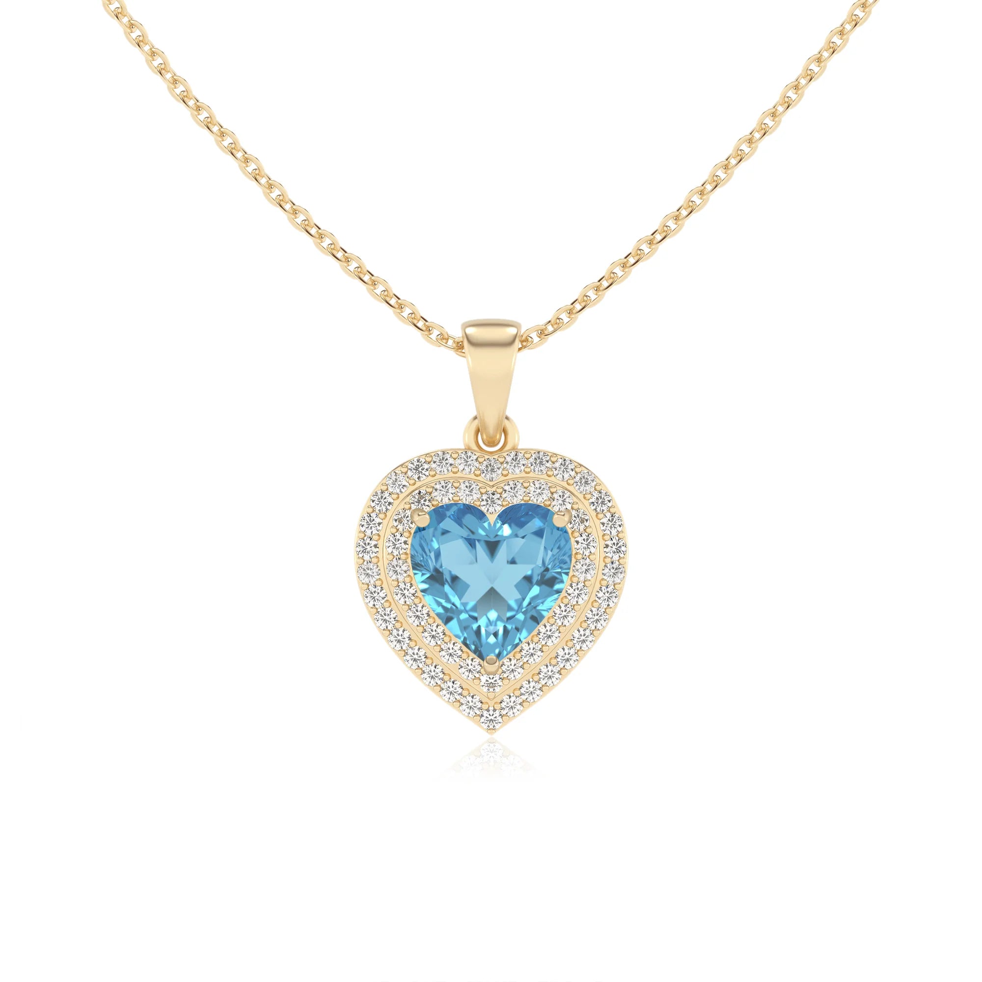 natural swiss blue topaz heart halo necklaces in yellow gold