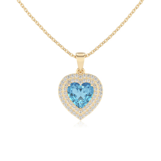 natural swiss blue topaz heart halo necklaces in yellow gold