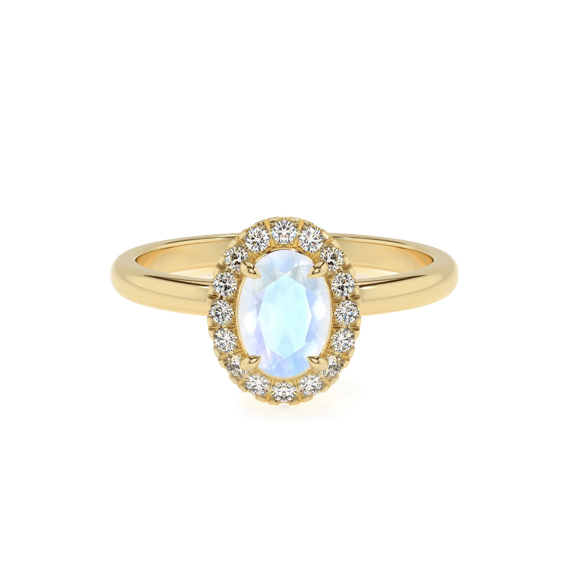 natural rainbow-moonstone oval solitaire rings in yellow gold