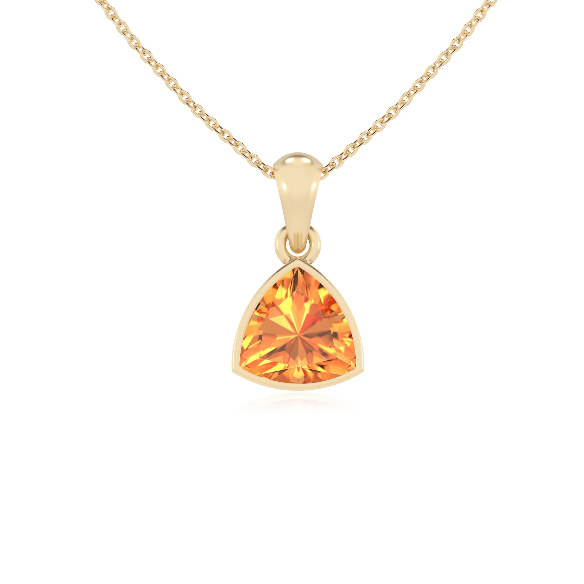 lab grown citrine trillion solitaire necklaces in yellow gold