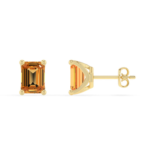 lab grown citrine emerald cut stud earrings in yellow gold