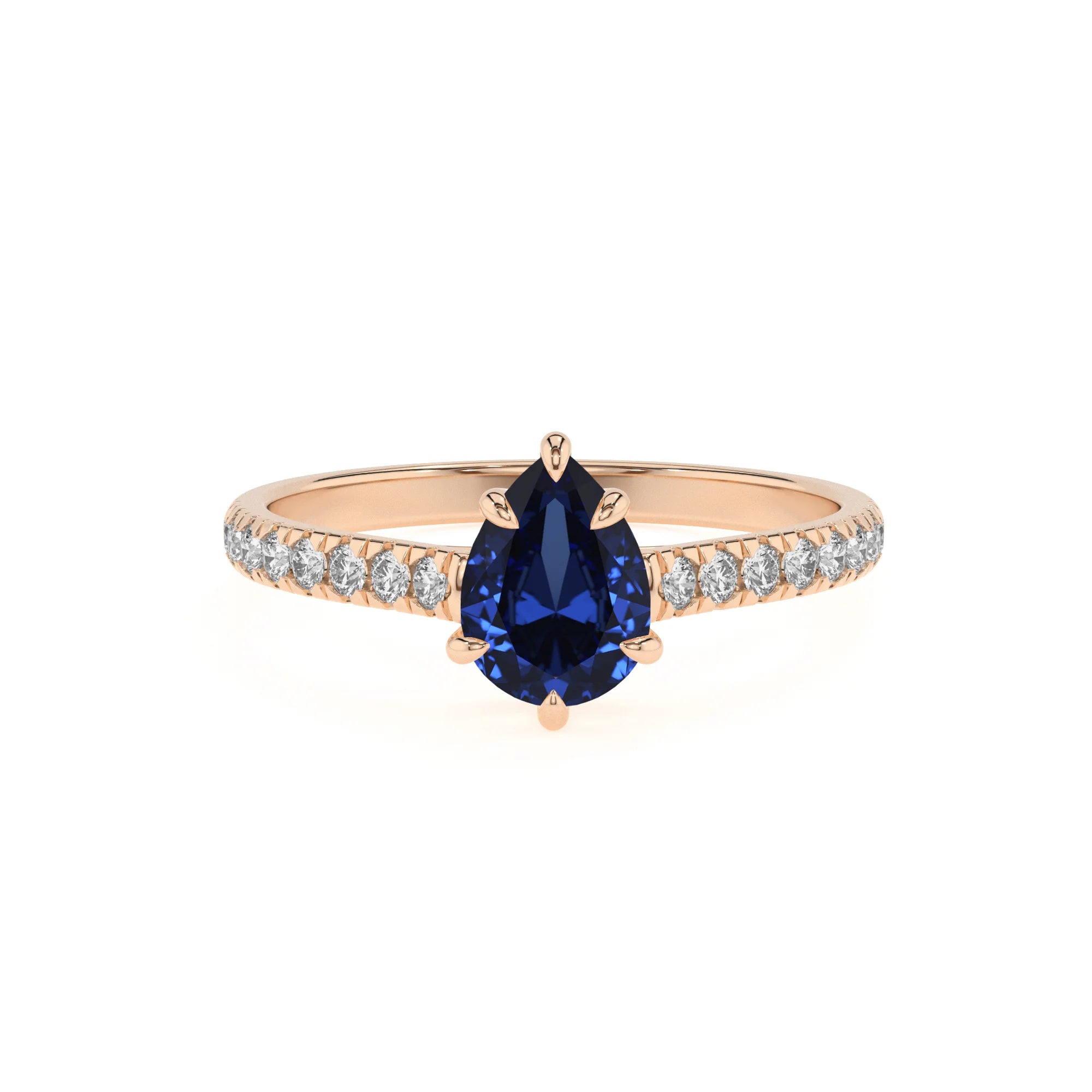 lab grown blue-sapphire pear half eternity solitaire engagement rings in rose gold