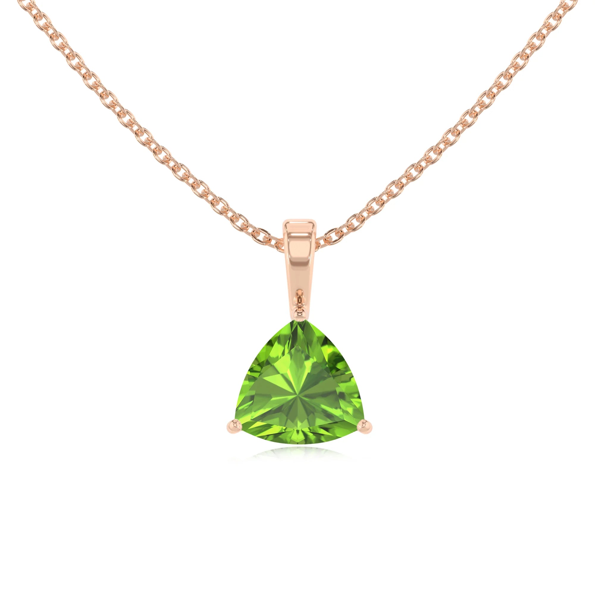 natural peridot trillion solitaire necklaces in rose gold