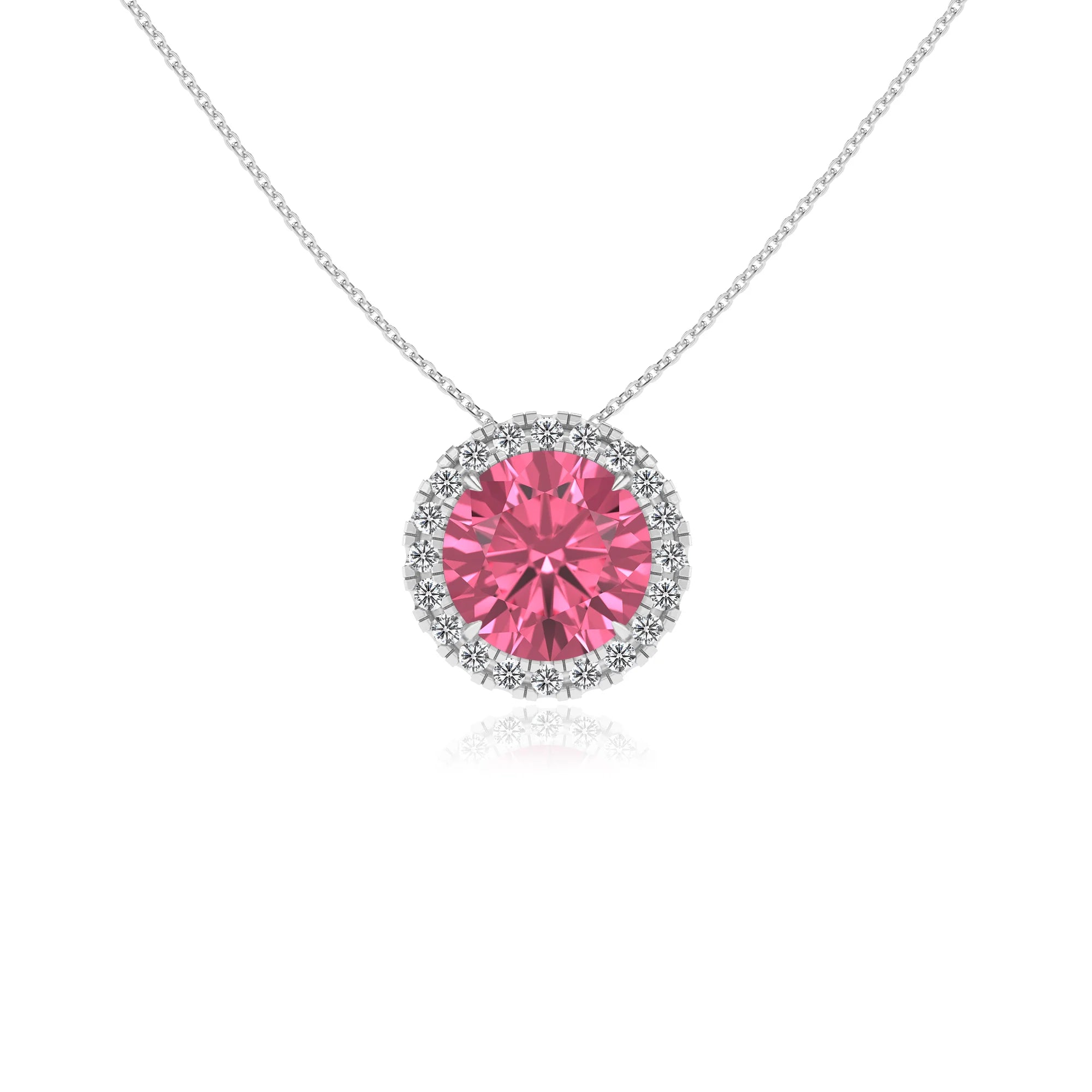 lab grown pink tourmaline round solitaire necklaces in white gold