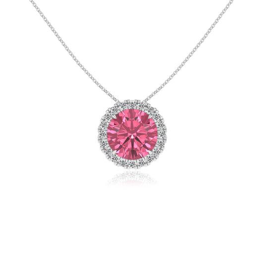 lab grown pink tourmaline round solitaire necklaces in white gold