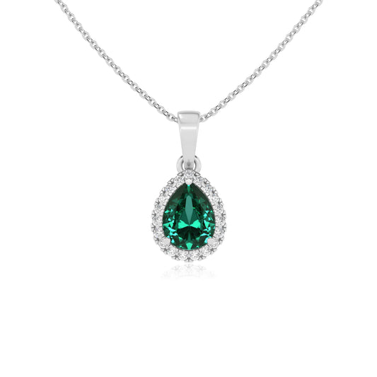 lab grown emerald pear solitaire necklaces in white gold