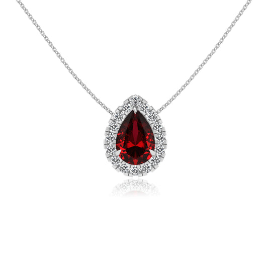 lab grown ruby pear solitaire necklaces in white gold
