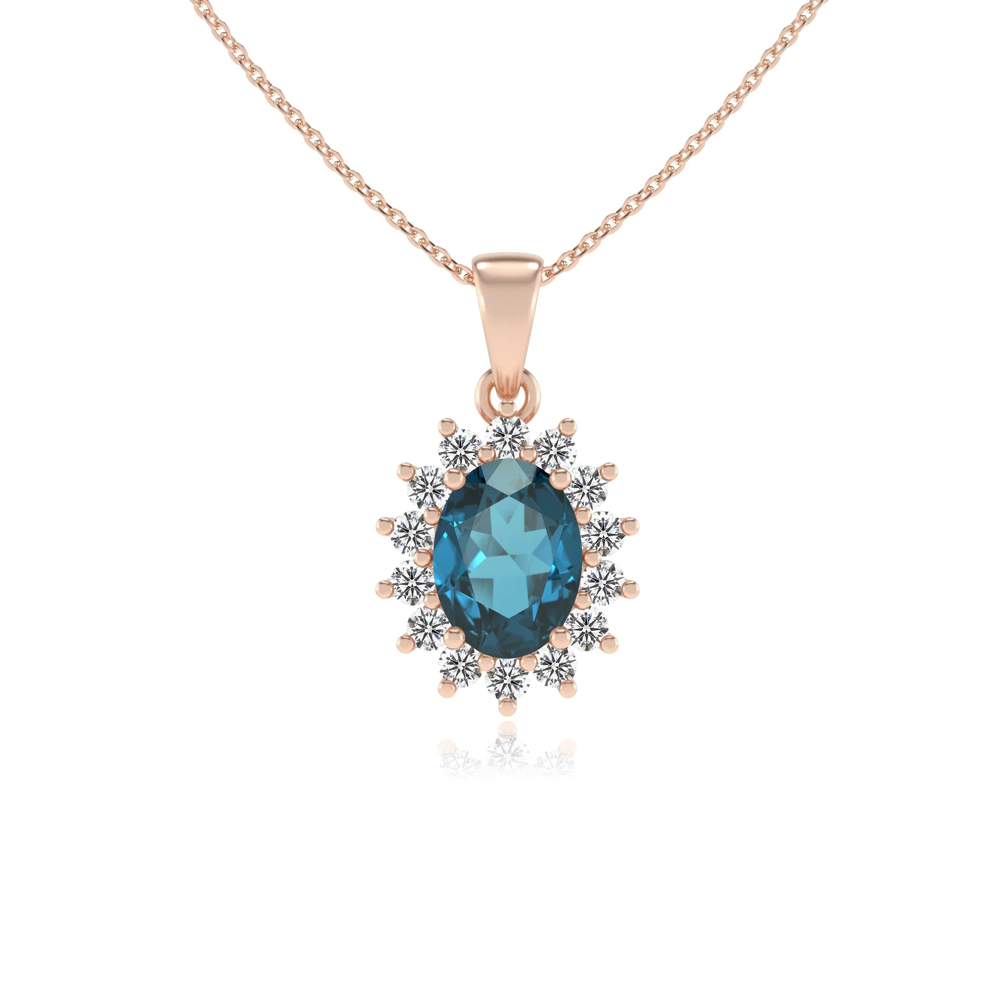 natural london-blue-topaz oval halo necklaces in rose gold