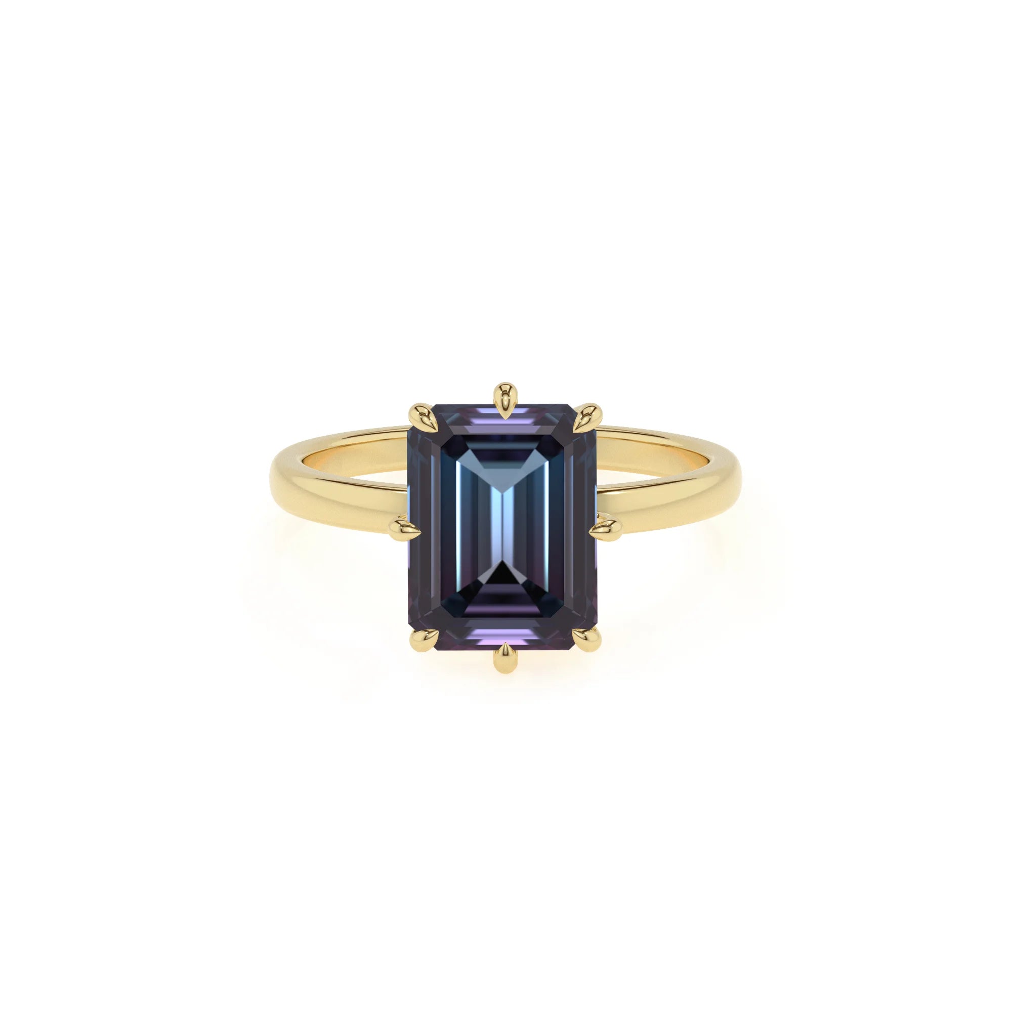lab grown alexandrite emerald cut solitaire rings in yellow gold