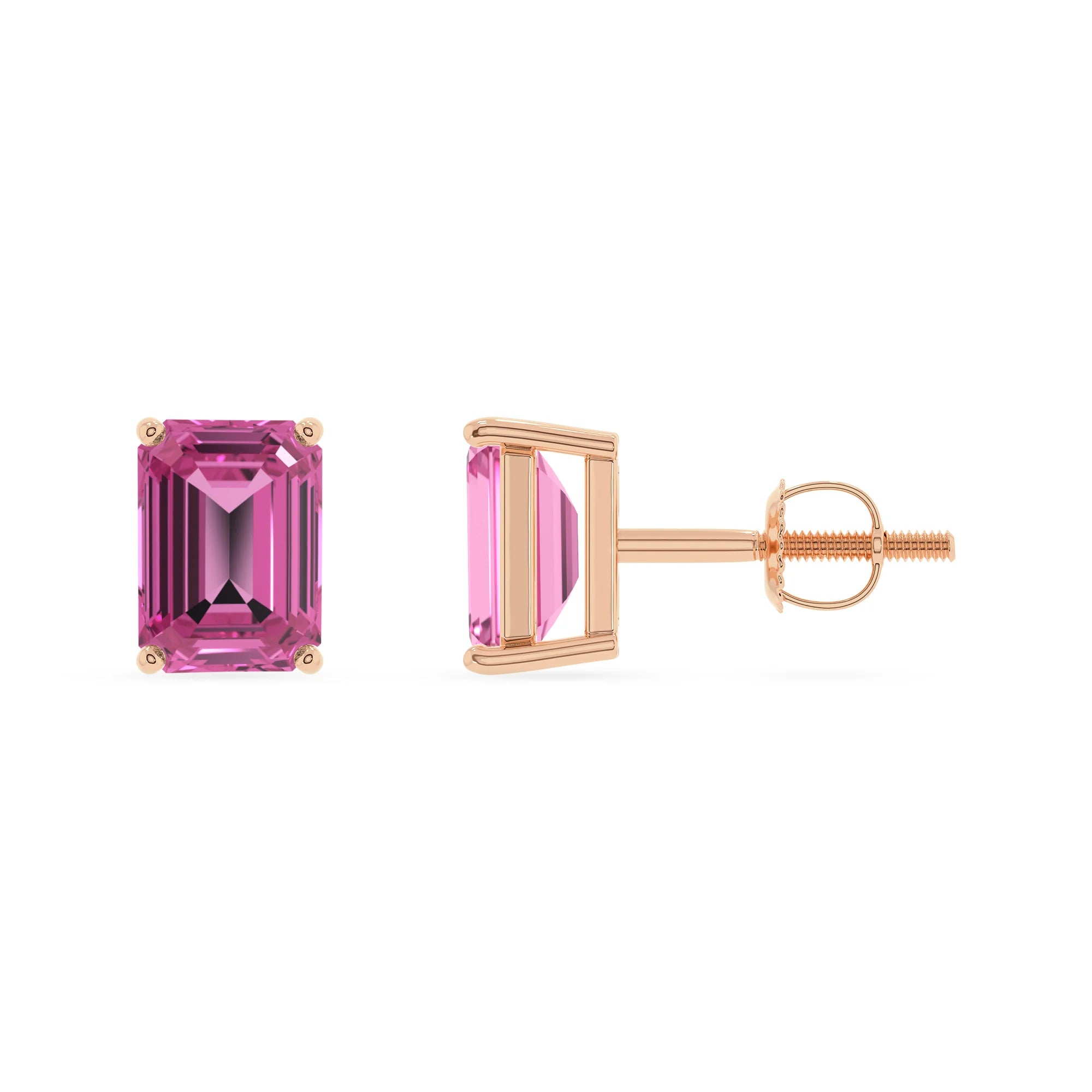 lab grown pink sapphire emerald cut stud earrings in rose gold