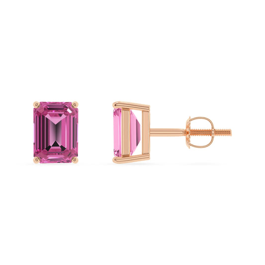 lab grown pink sapphire emerald cut stud earrings in rose gold