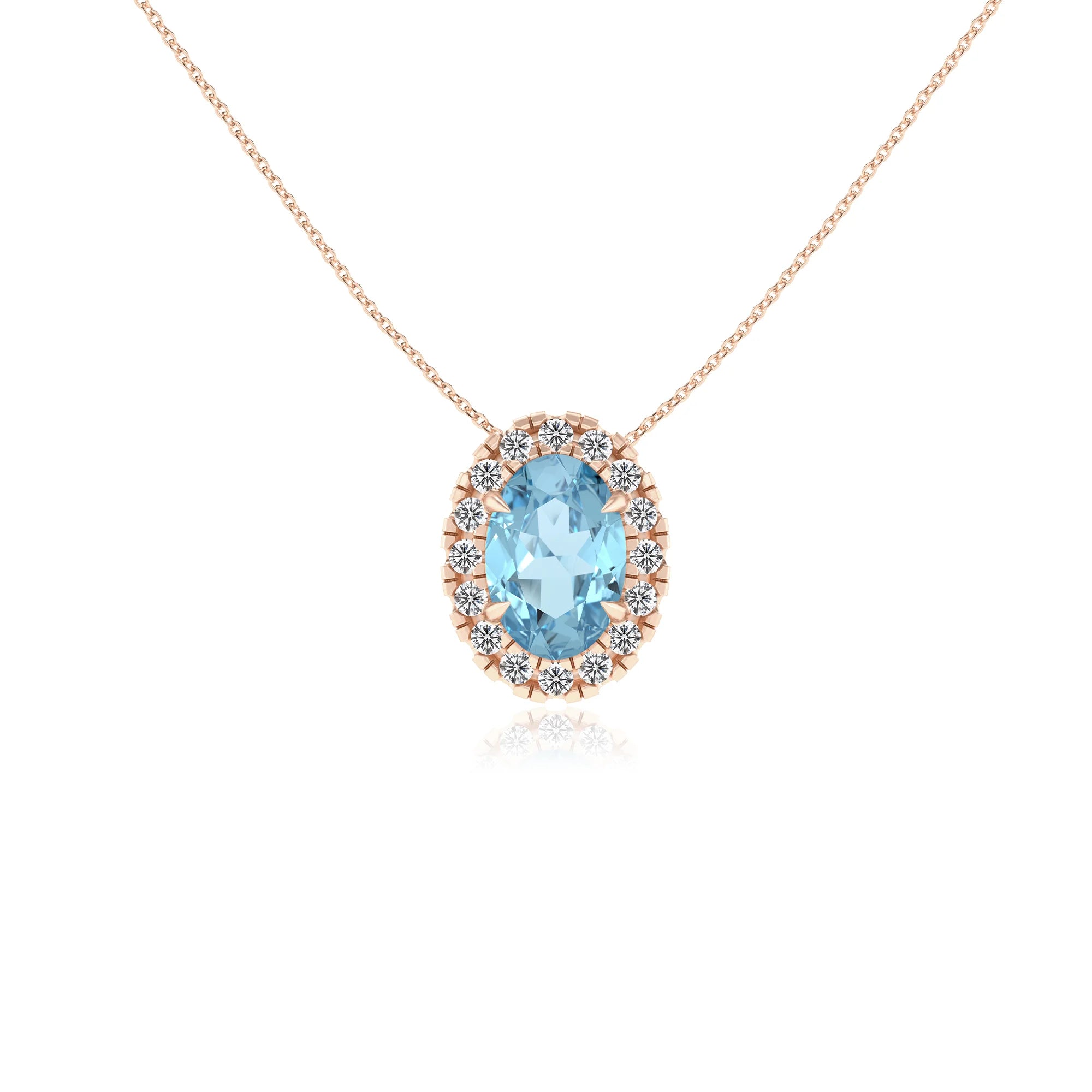 lab grown aquamarine oval solitaire necklaces in rose gold