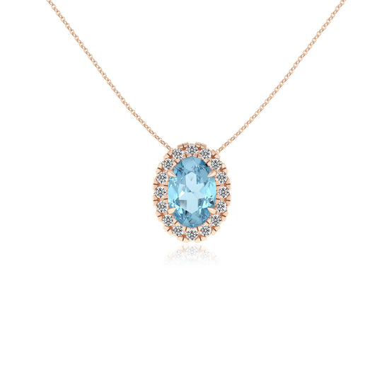 lab grown aquamarine oval solitaire necklaces in rose gold