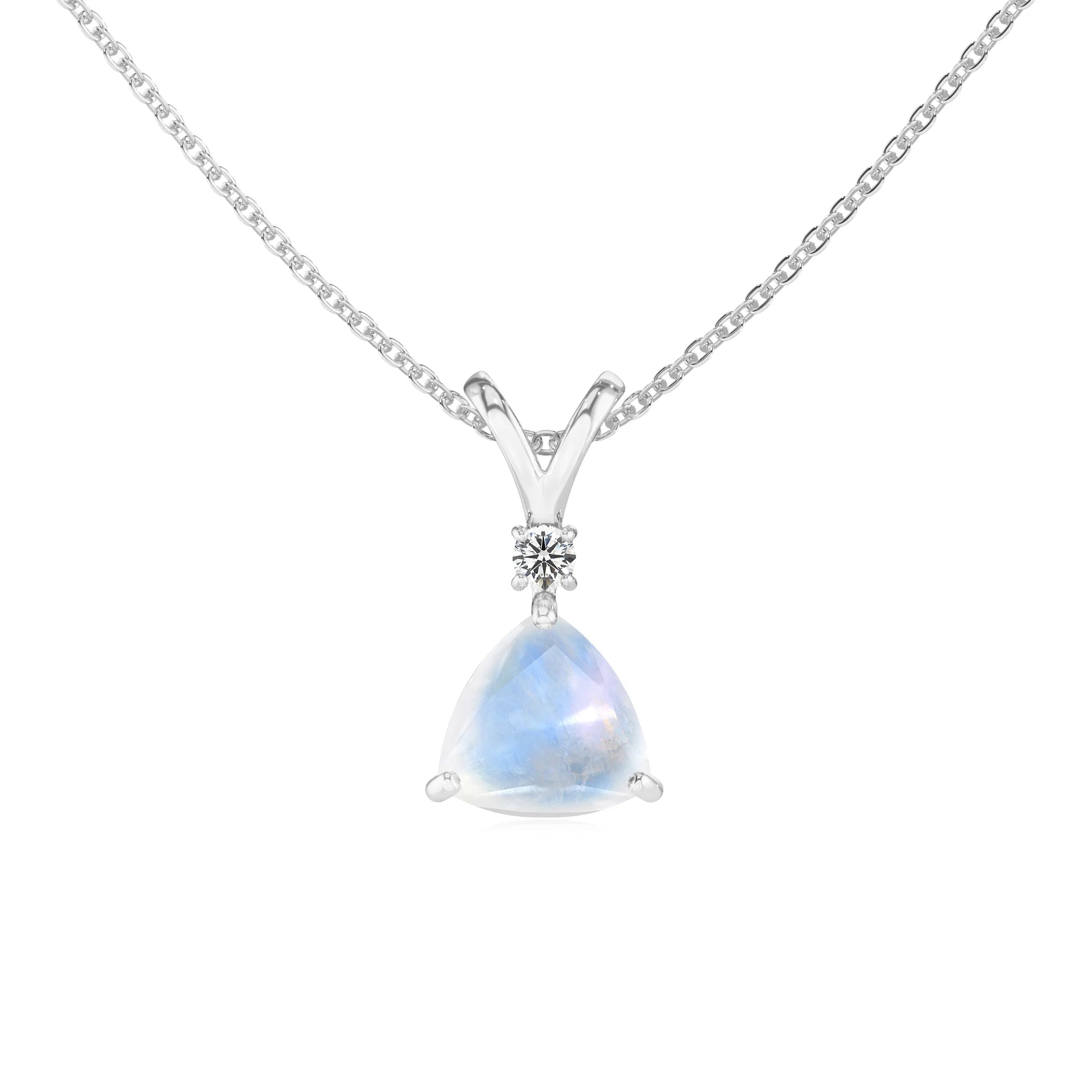 natural rainbow-moonstone trillion solitaire v-bale necklaces in sterling silver