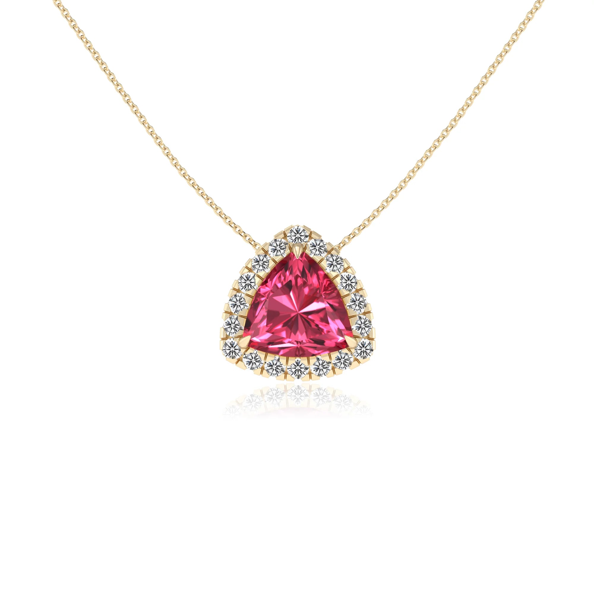 lab grown pink tourmaline trillion solitaire necklaces in yellow gold