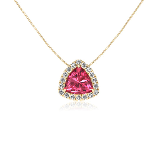 lab grown pink tourmaline trillion solitaire necklaces in yellow gold