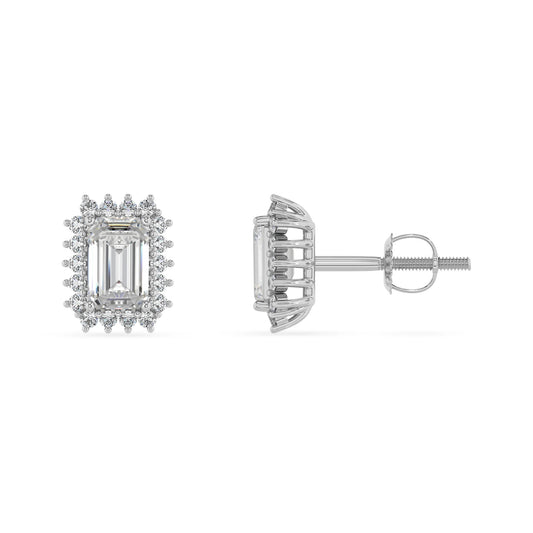 lab grown moissanite emerald cut stud earrings in white gold