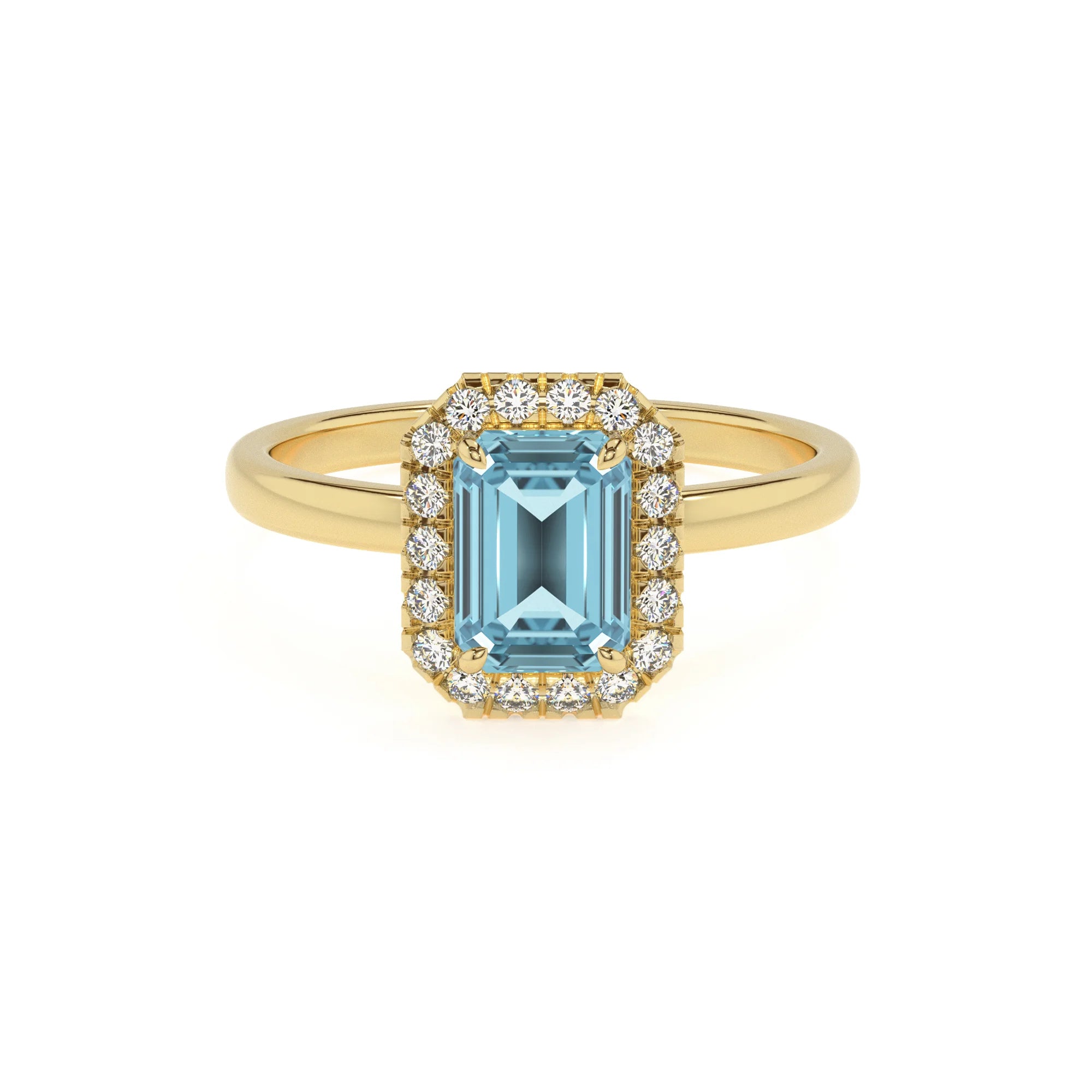lab grown aquamarine emerald cut solitaire rings in yellow gold