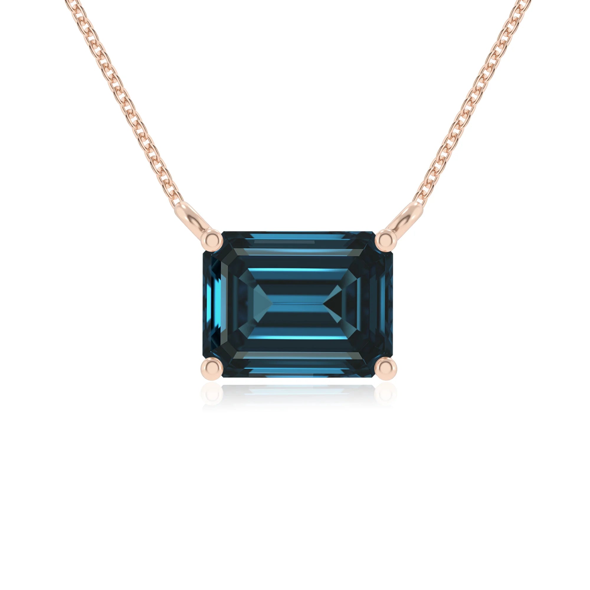 natural london-blue-topaz emerald cut solitaire necklaces in rose gold