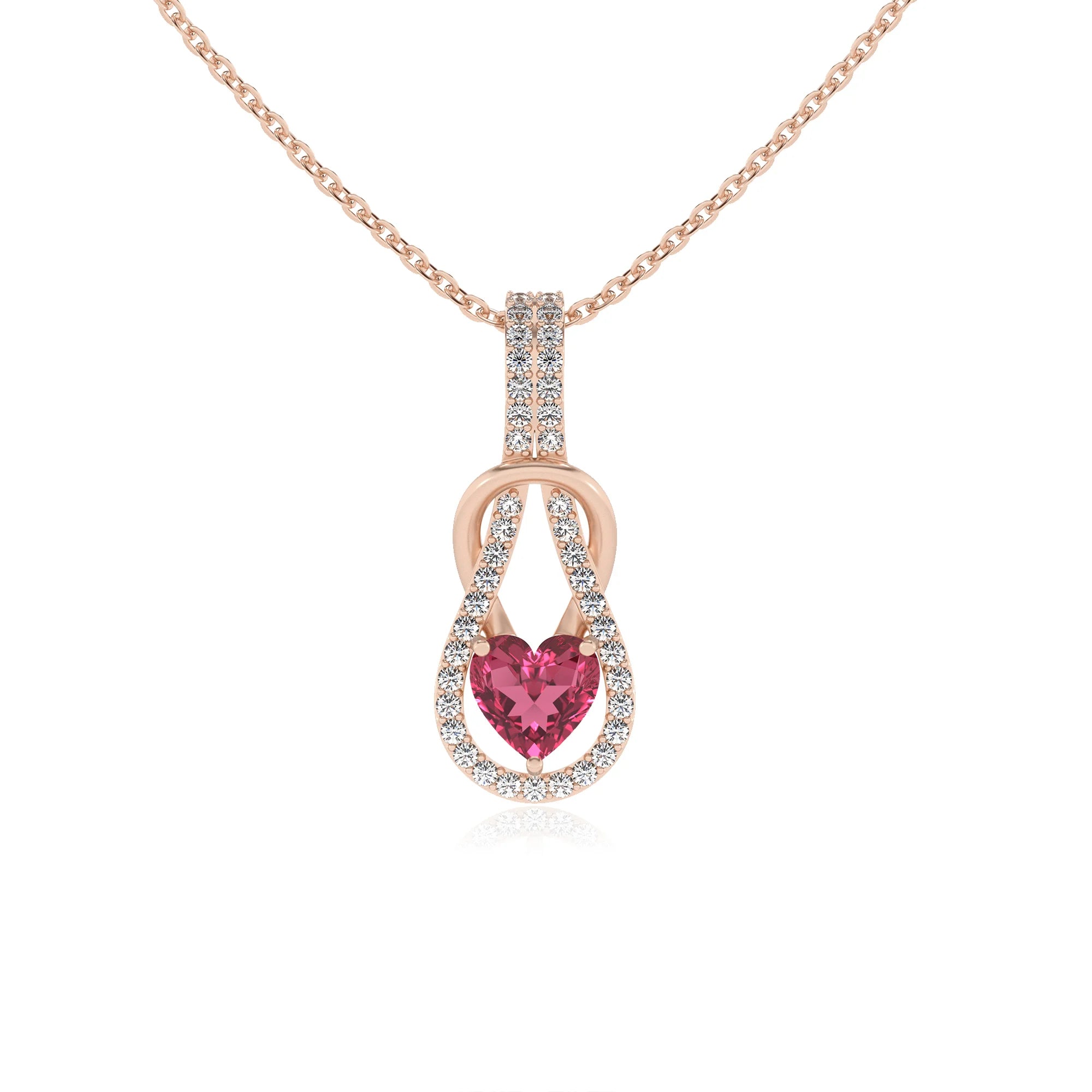 lab grown pink-tourmaline heart infinity v-bale necklaces in rose gold