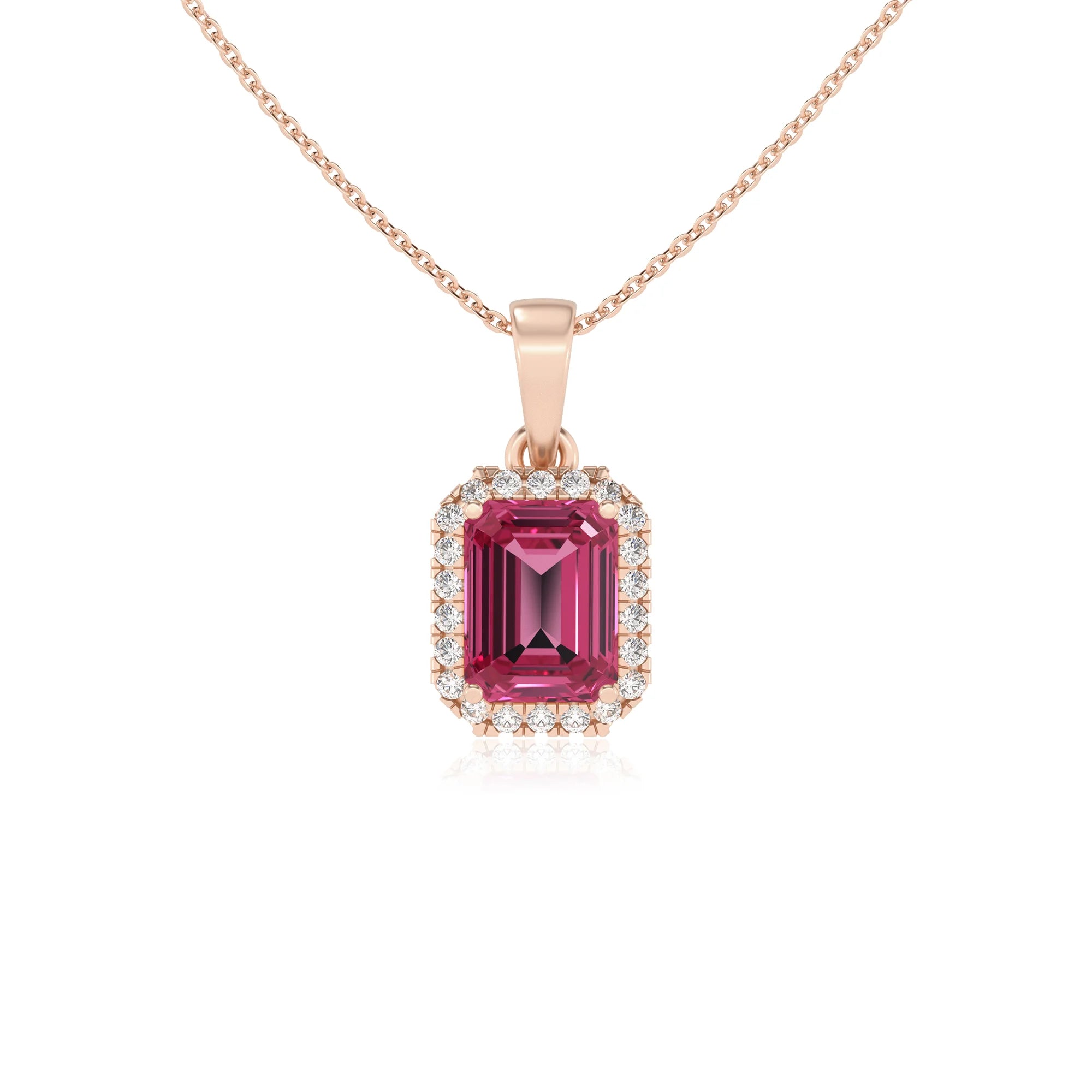 lab grown pink-tourmaline emerald cut solitaire necklaces in rose gold