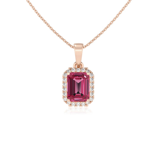 lab grown pink-tourmaline emerald cut solitaire necklaces in rose gold