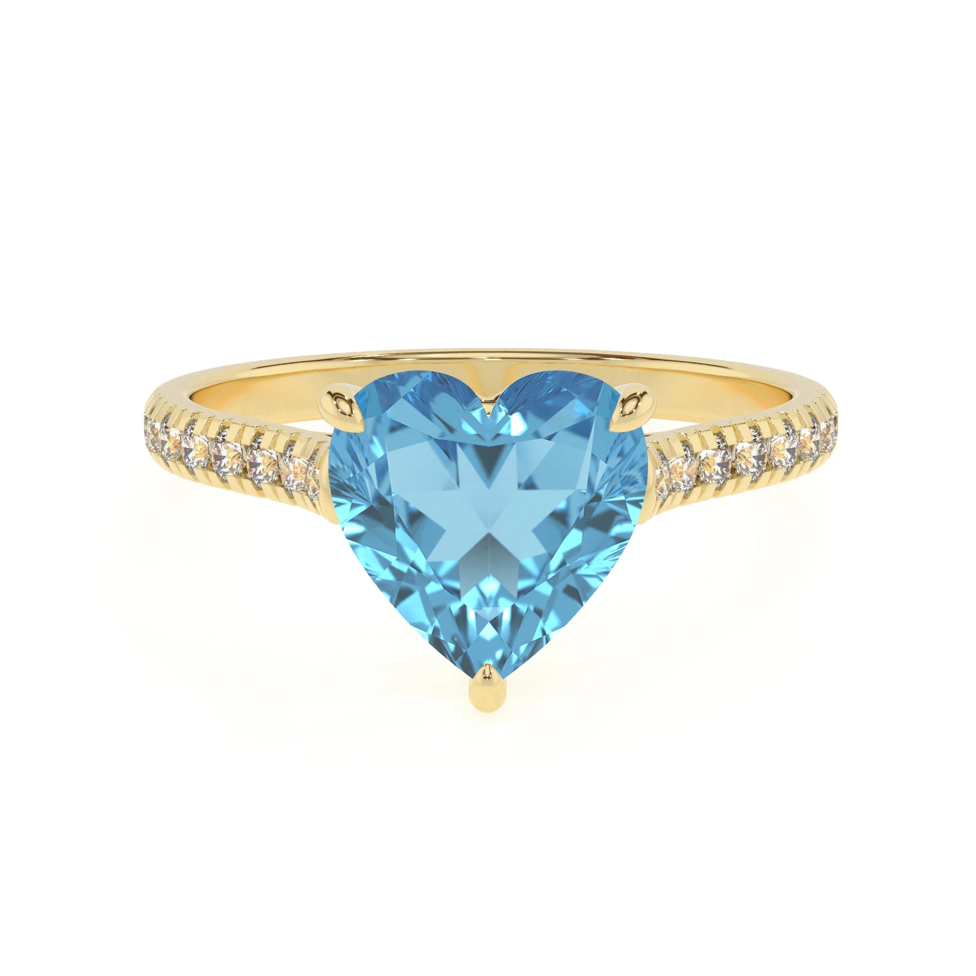 natural swiss-blue-topaz heart half eternity solitaire engagement rings in yellow gold