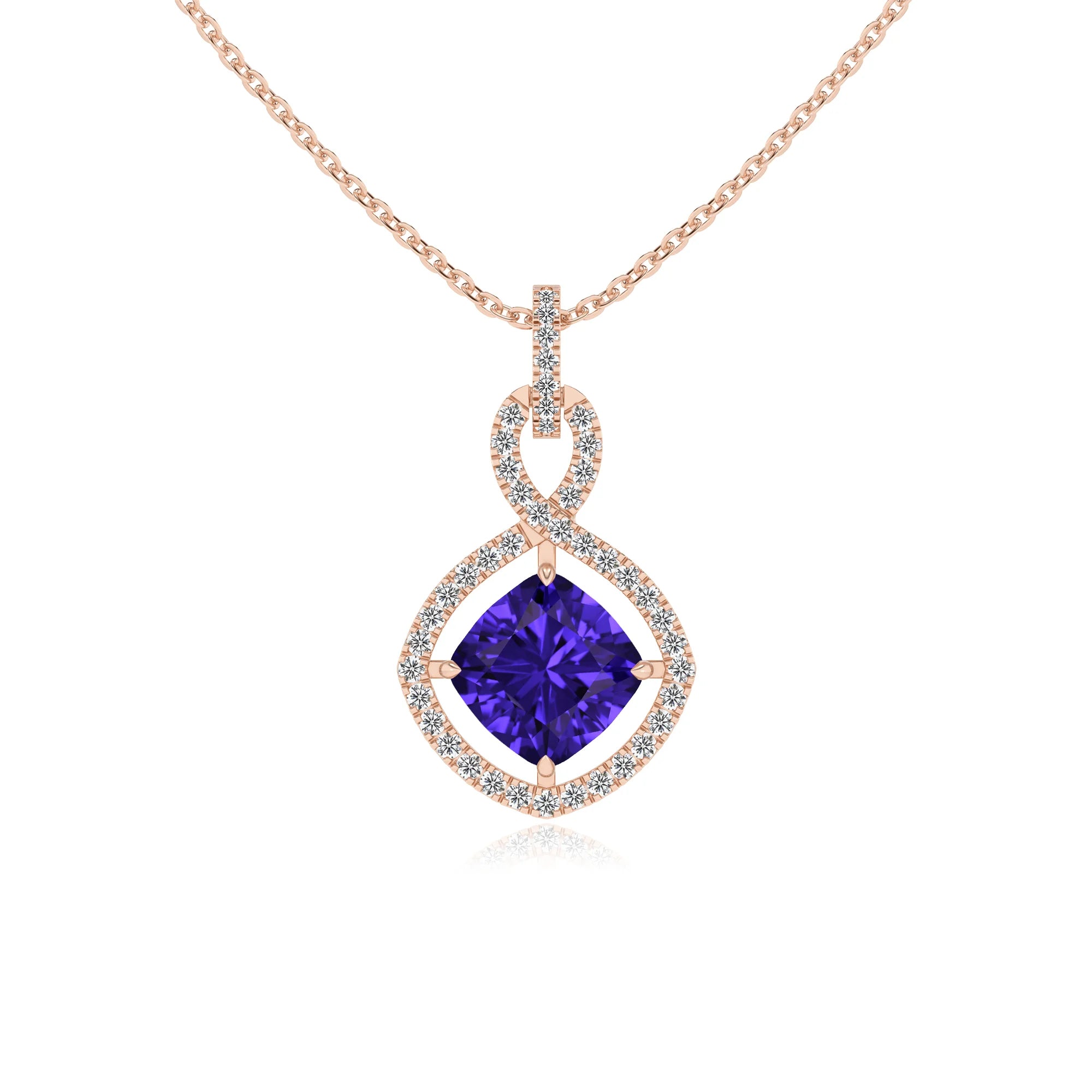 lab grown tanzanite cushion infinity necklaces in rose gold