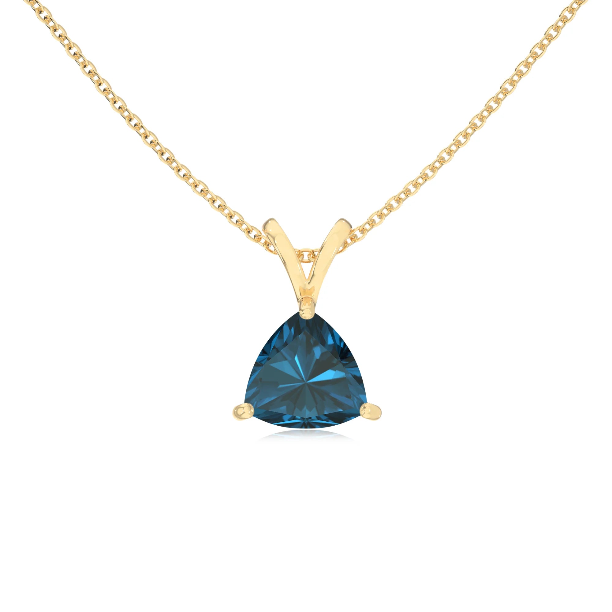 natural london-blue-topaz trillion solitaire v-bale necklaces in yellow gold