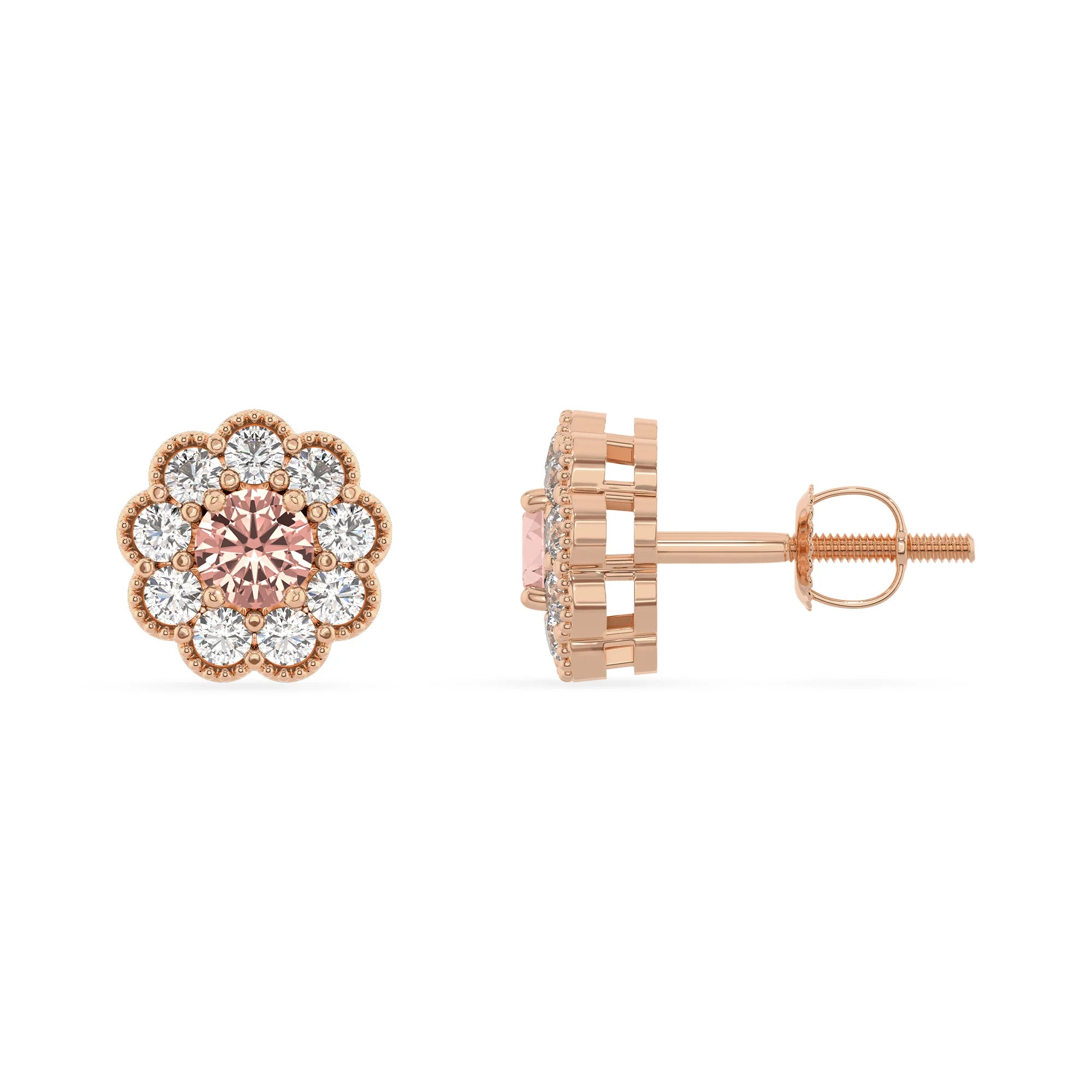 lab grown morganite round stud earrings in rose gold