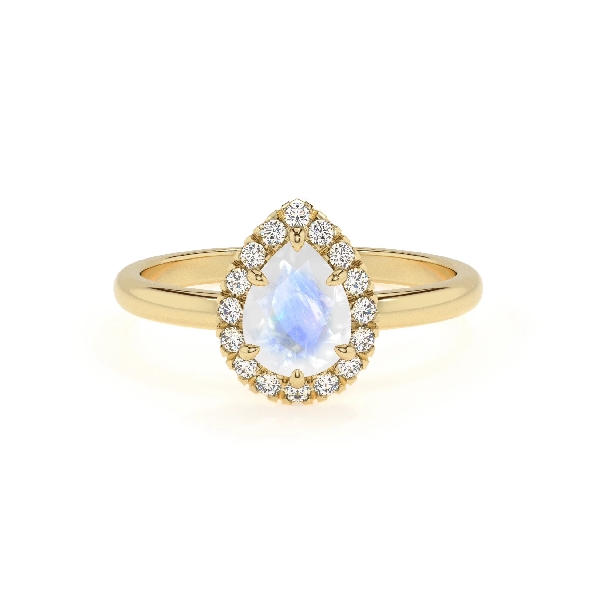 natural rainbow-moonstone pear solitaire rings in yellow gold