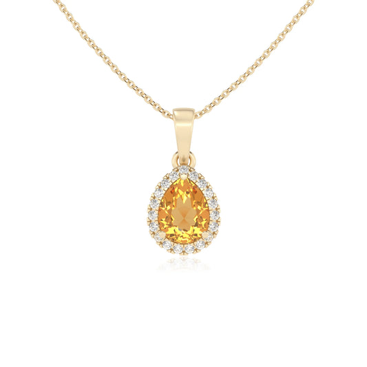 lab grown citrine pear solitaire necklaces in yellow gold