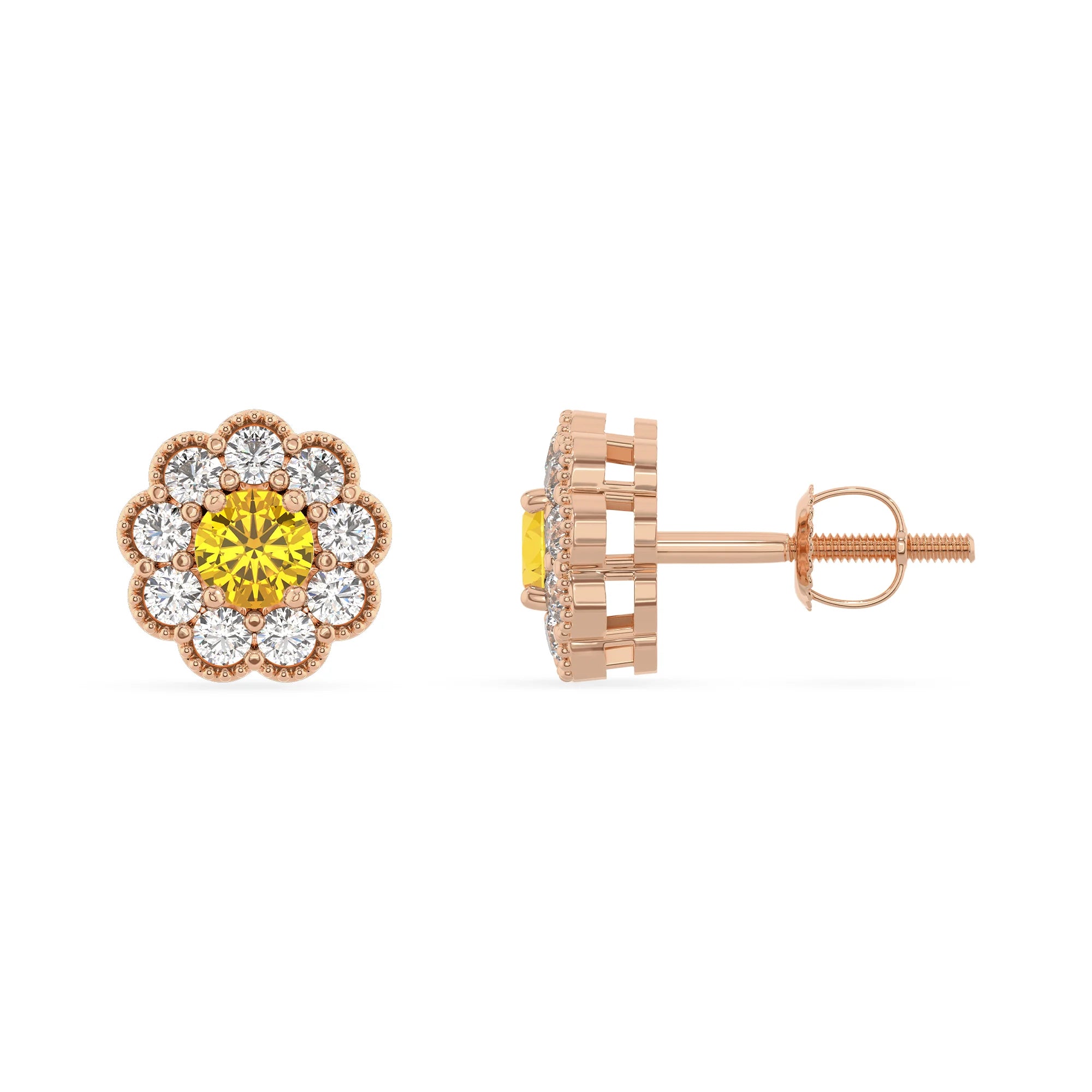 lab grown yellow sapphire round stud earrings in rose gold