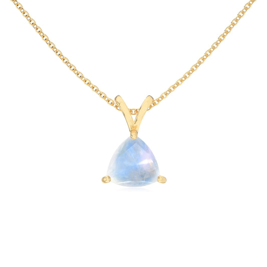 natural rainbow-moonstone trillion solitaire v-bale necklaces in yellow gold
