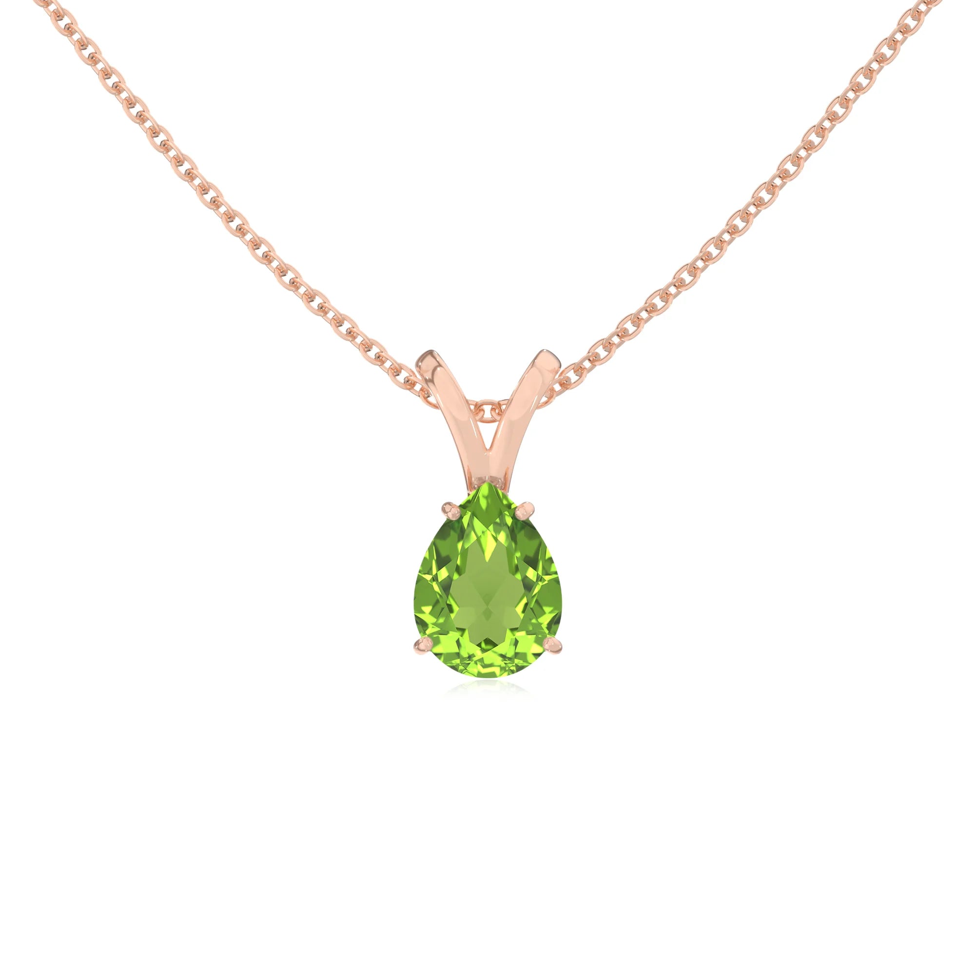 natural peridot pear solitaire v-bale necklaces in rose gold
