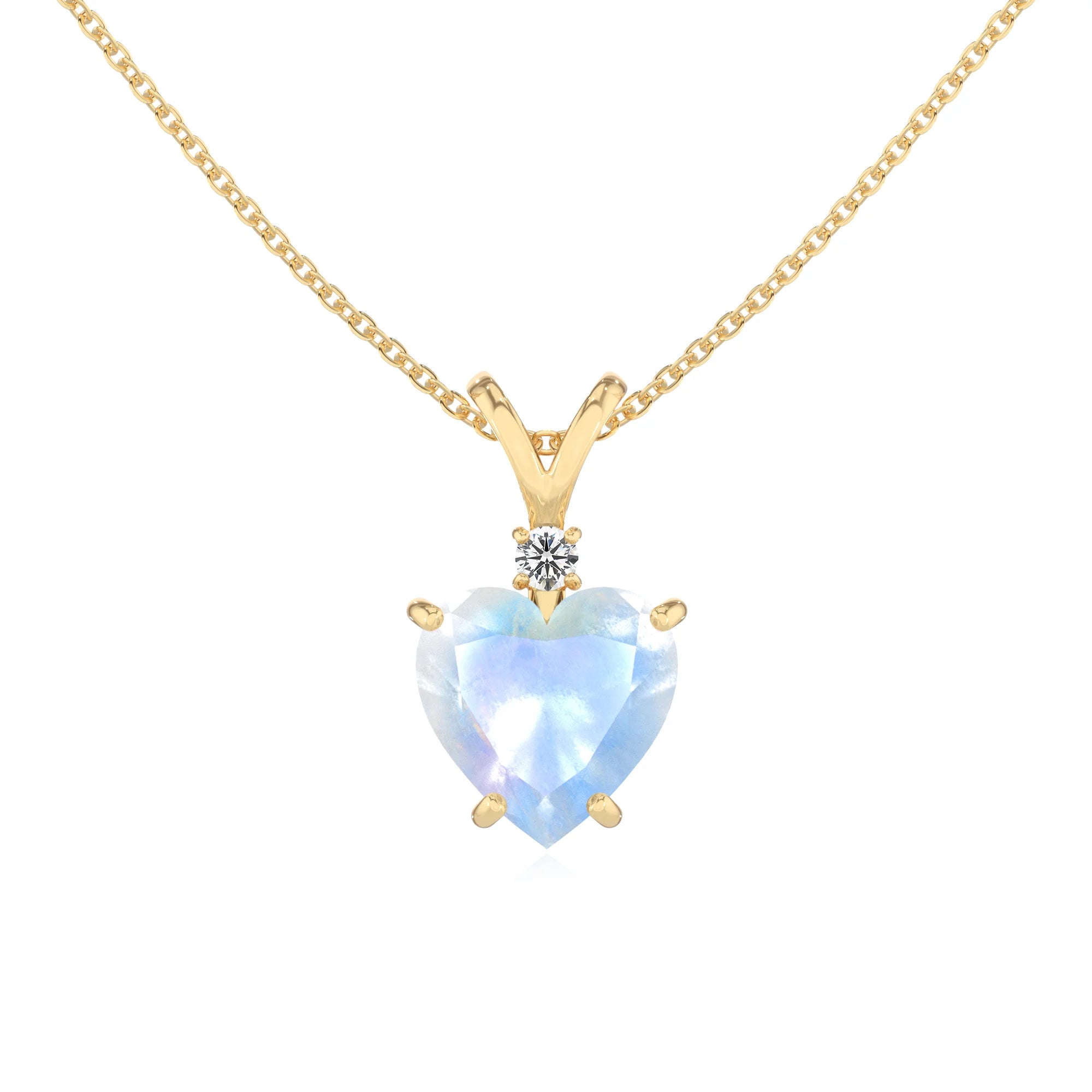 natural rainbow-moonstone heart solitaire v-bale necklaces in yellow gold