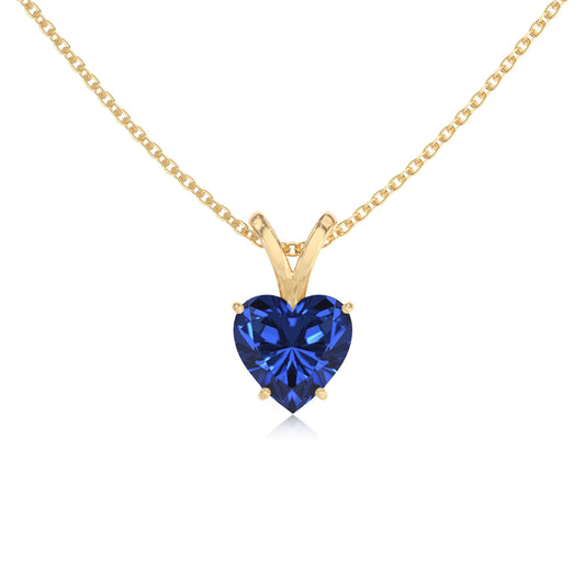 lab grown blue-sapphire heart solitaire v-bale necklaces in yellow gold