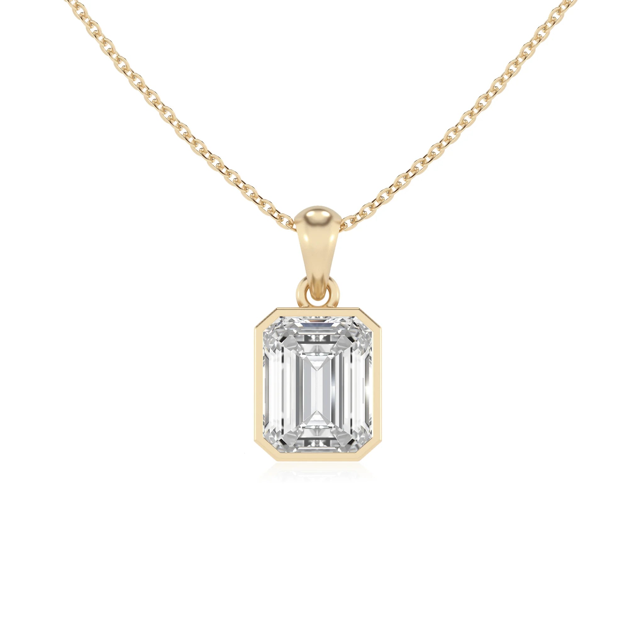lab grown moissanite emerald cut solitaire necklaces in yellow gold