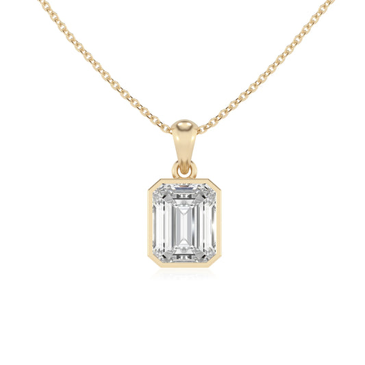 lab grown moissanite emerald cut solitaire necklaces in yellow gold