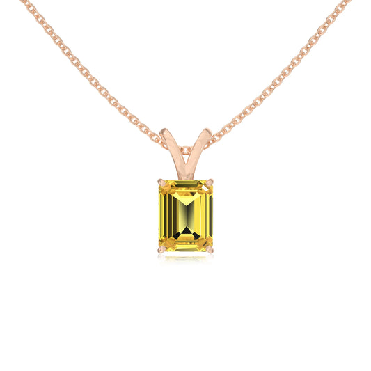 lab grown yellow-sapphire emerald cut solitaire v-bale necklaces in rose gold
