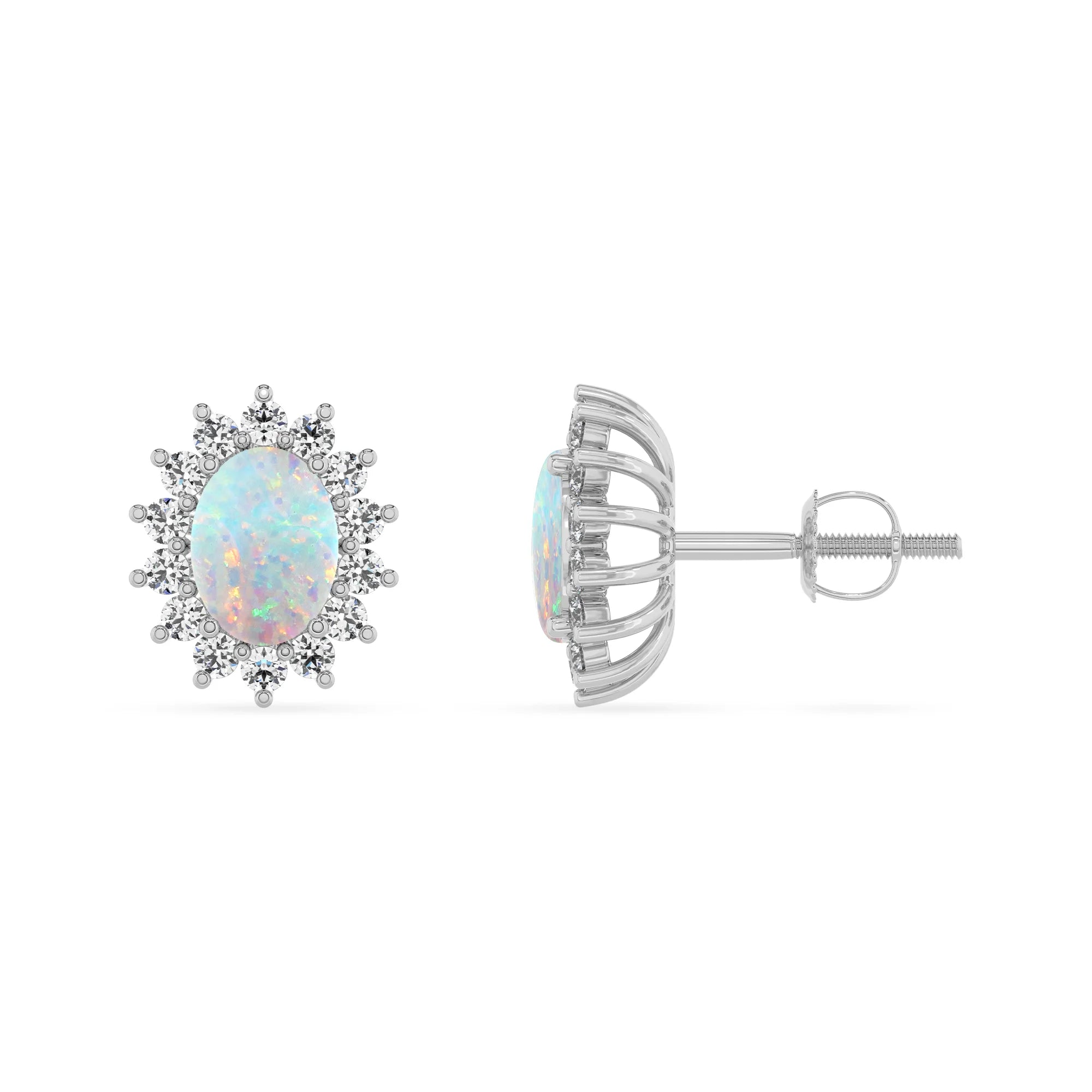 lab grown opal oval stud earrings in white gold