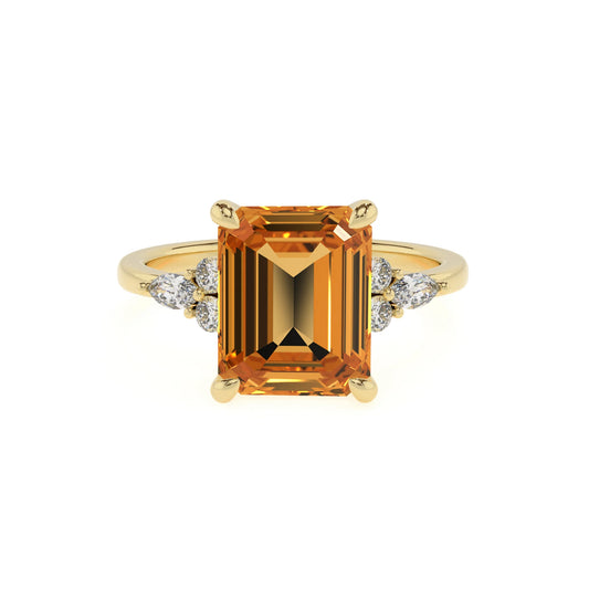 lab grown citrine emerald cut solitaire rings in yellow gold