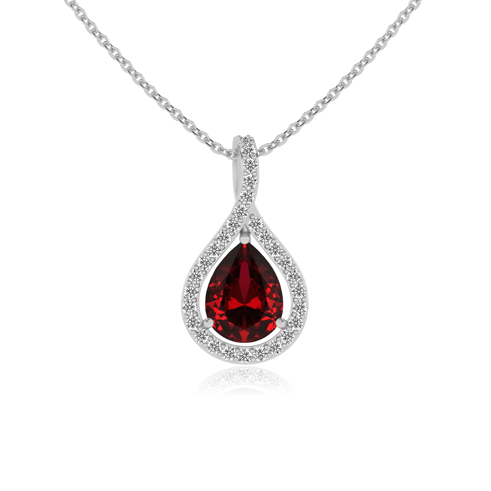 lab grown ruby pear solitaire necklaces in sterling silver