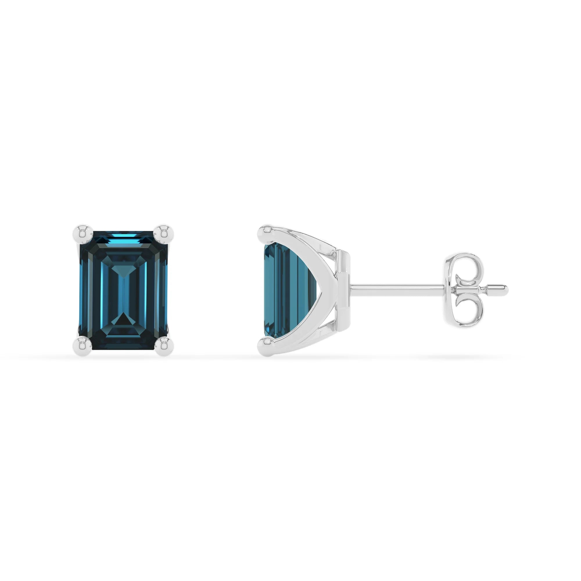 natural london blue topaz emerald cut stud earrings in white gold
