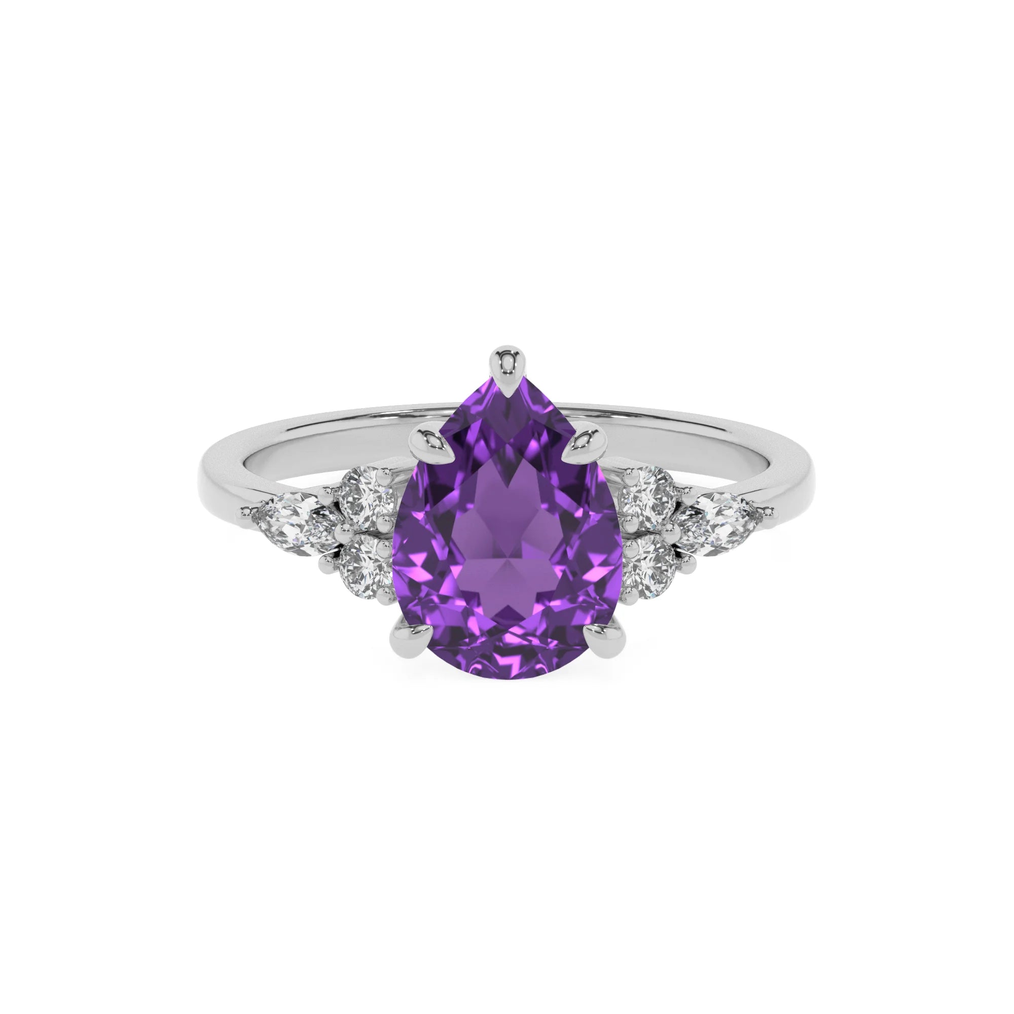 lab grown amethyst pear solitaire rings in white gold