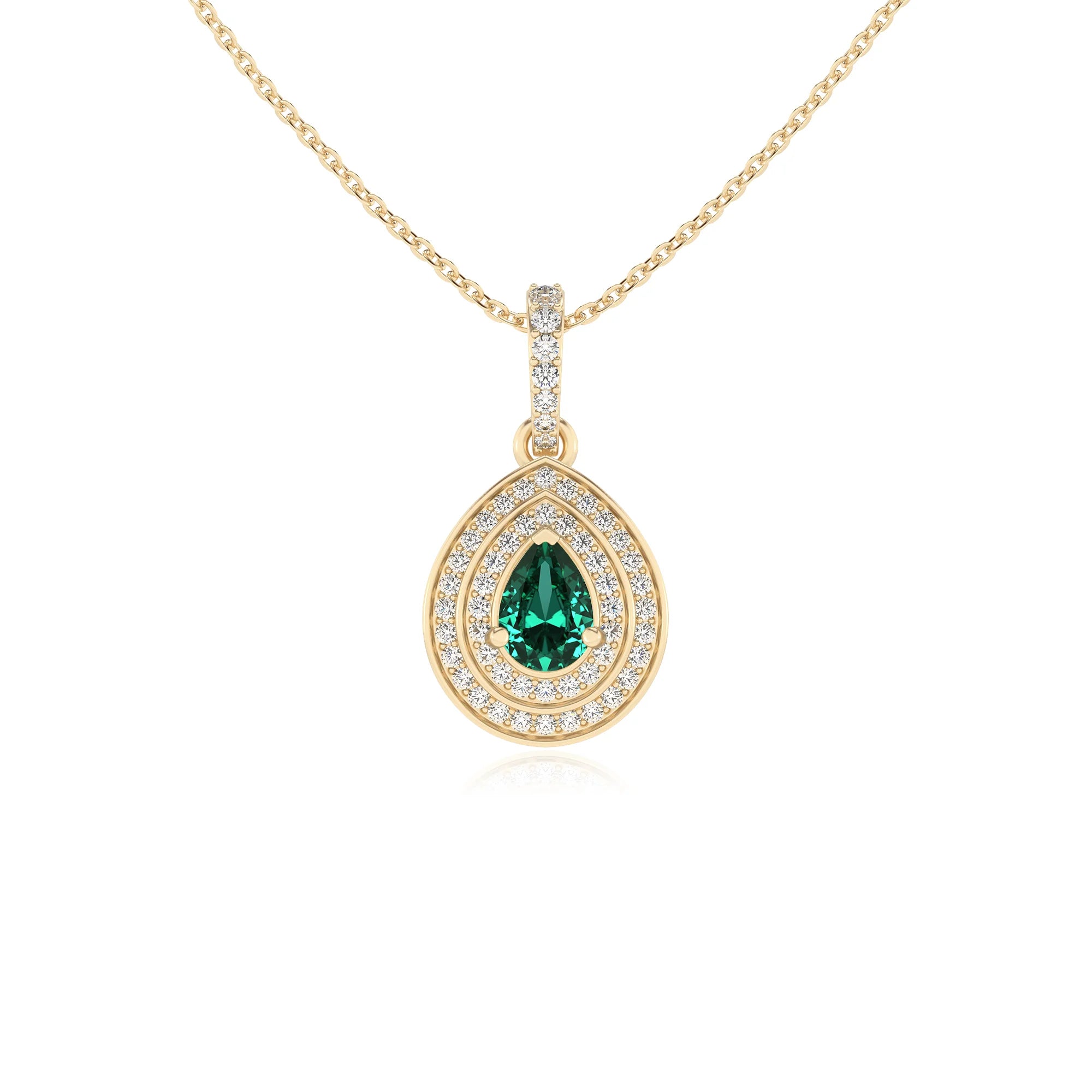 lab grown emerald pear halo necklaces in yellow gold